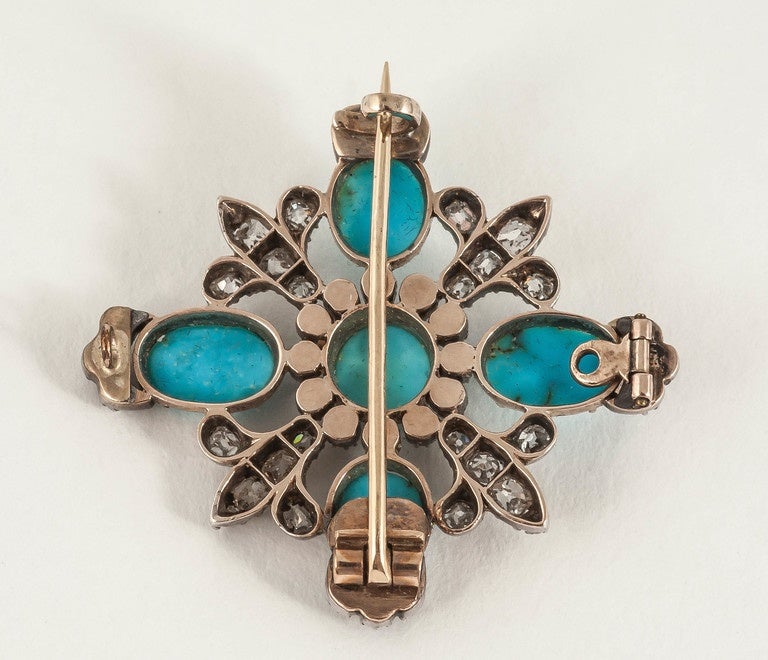 Georgian Antique Brooch with Turquoise & Diamonds in 18 Carat Gold & Silver, English 1830 For Sale