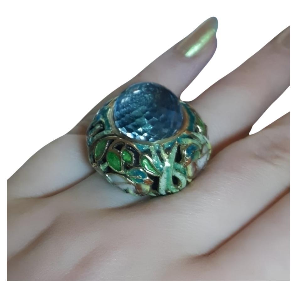 Bague étang scintillant Or jaune 18K avec 33.3ct Swiss Topaz et émail champlevé en vente 1