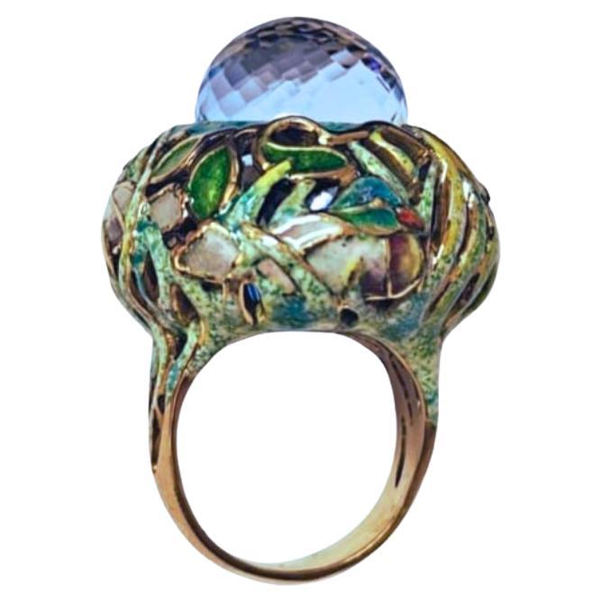 Anello Shimmering Pond in oro giallo 18 carati con topazio svizzero da 33,3 carati e smalto Champlevé