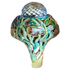 33.3 Carat Swiss Blue Topaz Cocktail Ring 18K Yellow Gold Champlevé Enamel