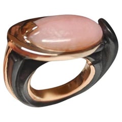 Pink Opal Ring 6 Carat 14K Rose Gold Black Ebony Wood Ring- Available Now