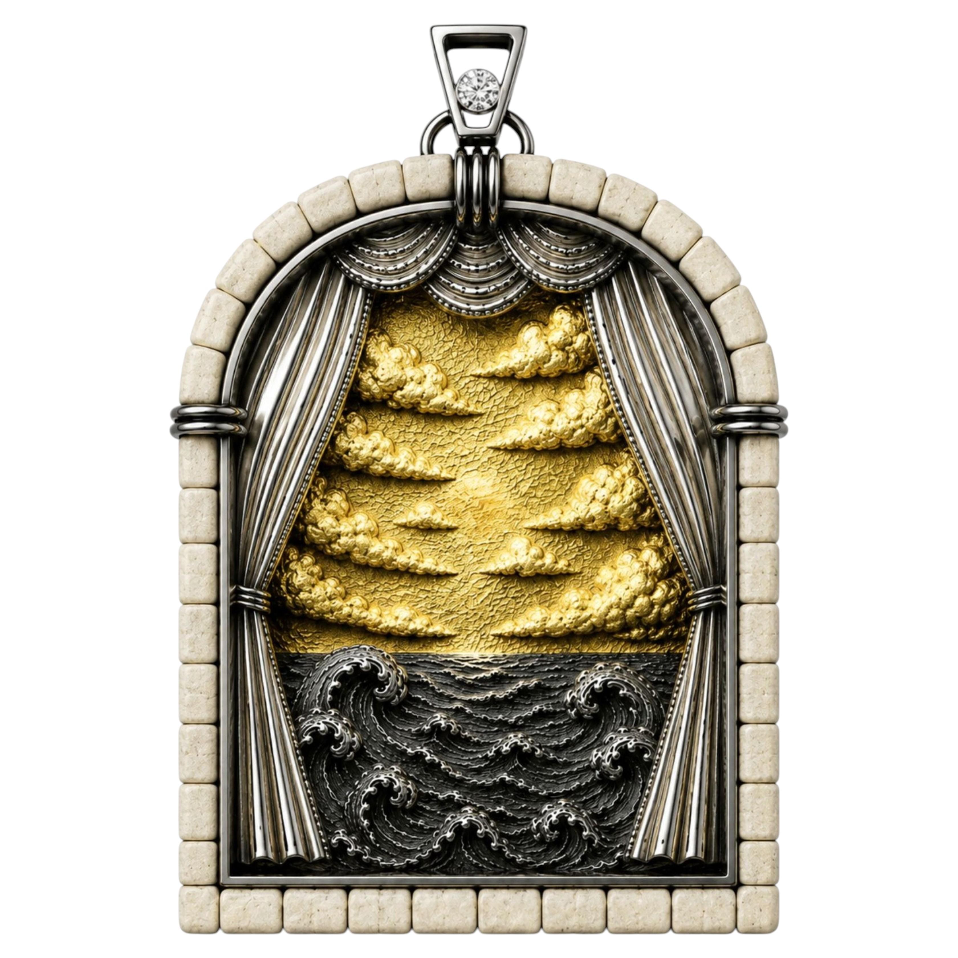 The Second Day of Creation Jerusalem Stone and Sterling Silver Pendant with 24K For Sale