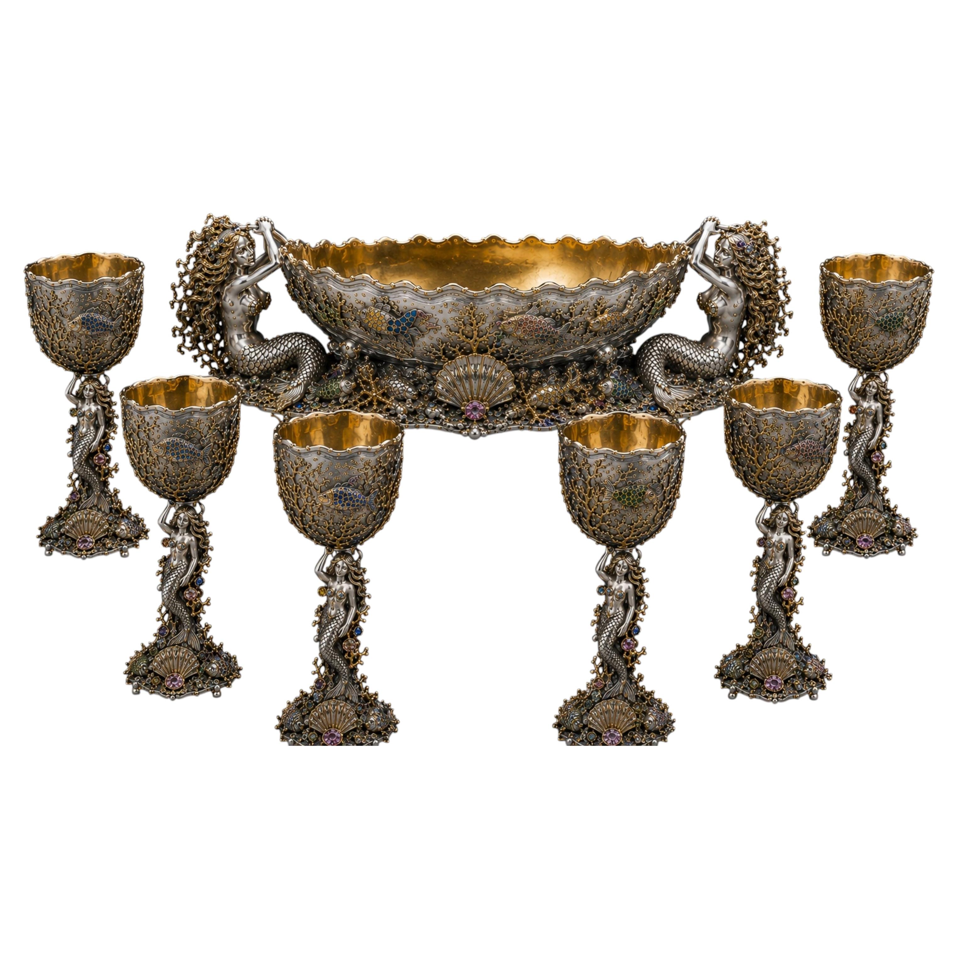 „Kingdom of the Sea“ – Champagnerkühler-Set aus Sterlingsilber, 24-karätigem Gold und Emaille