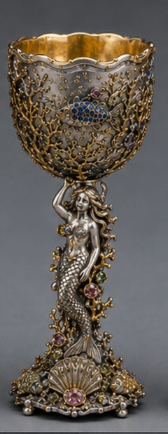 „Kingdom of the Sea“ – 6 Champagnergläser aus Sterlingsilber, 24-karätigem Gold und Emaille