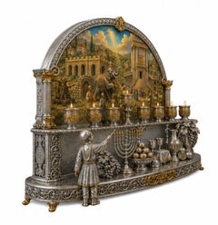 Sterling Silver 24K Gold Hanukkah Menorah with Original Oil Painting-Konforti