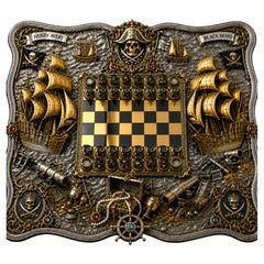 Henry Avery vs. Blackbeard Sterling Silver Enamel Pirate Chess Set- Konforti