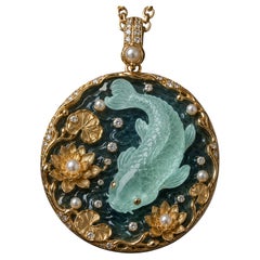 “The Lotus Pond” 18K Gold Aquamarine Koi Diamond Pearl Enamel Pendant