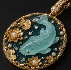 “The Lotus Pond” 18K Gold Aquamarine Koi Diamond Pearl Enamel Pendant