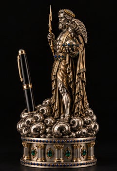 Zeus Sculptural Pen Holder in Sterling Silver, 18K Gold, Enamel & Gemstones