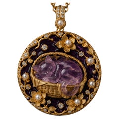 18K Yellow Gold Amethyst Cat Pendant with Diamonds, Pearls and Hot Enamel