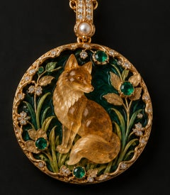 Hand-Carved Citrine Fox 18K Gold Pendant with Emeralds, Diamonds and Enamel