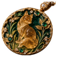 Hand-Carved Citrine Fox 18K Gold Pendant with Emeralds, Diamonds and Enamel
