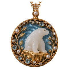 “Guardian of the North” 18K Gold White Nephrite, Diamond & Topaz Pendant