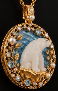 “Guardian of the North” 18K Gold White Nephrite, Diamond & Topaz Pendant