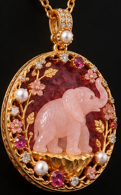 “Rose of Fortune” 18K Gold Rose Quartz Elephant Diamond Sapphire Pendant