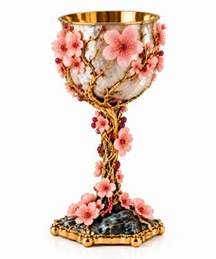 Set of 6 Pink Opal Cherry Blossom Wine Goblets in 925 Silver & 24K Gold Vermeil