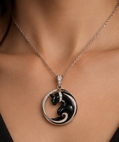 18K White Gold Black Onyx Cat Pendant with 2.0ct Diamonds & Emerald Eyes