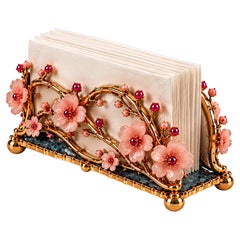 24K Gold Vermeil Cherry Blossom Napkin Holder with Pink Opal and Garnets