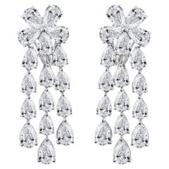 18k White Gold Real Diamond Floral Teardrop Chandelier Earrings Women Jewelry