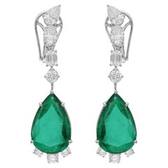 2.96 Ct Natural Diamond & 8.64 Ct Pear Cut Emerald Drop Earrings 18k White Gold
