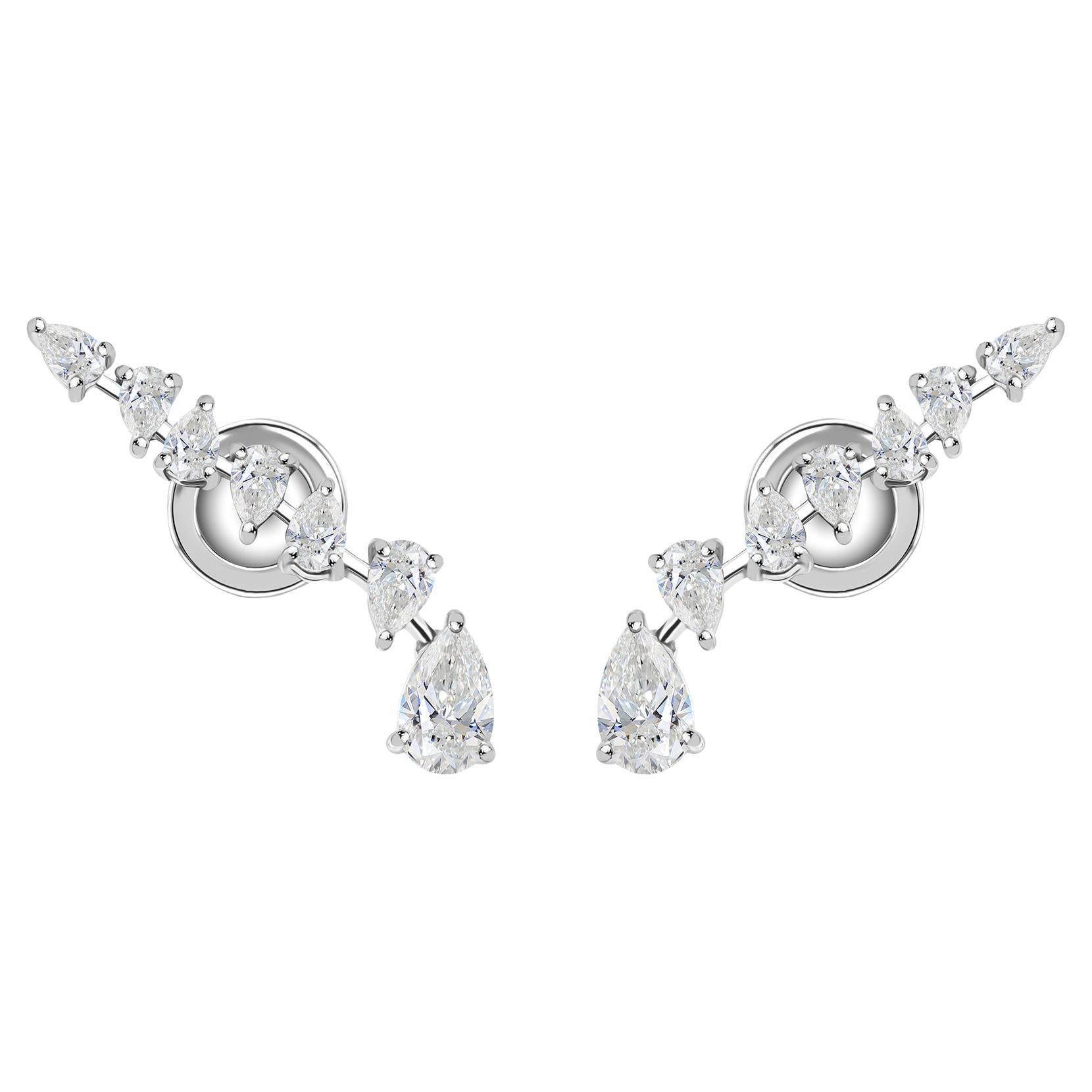 1.36 Carat Pear Shape Diamond Ear Climber Earrings in 18K White Gold For Sale