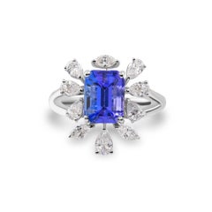 Natural Diamond 0.88Ct & Tanzanite 2.52Ct Emerald Cut Cocktail Ring White Gold