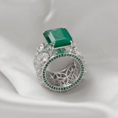 Natural Diamond 15.36Ct & Emerald 8.12Ct Emerald Cut Band Cocktail Gold Ring