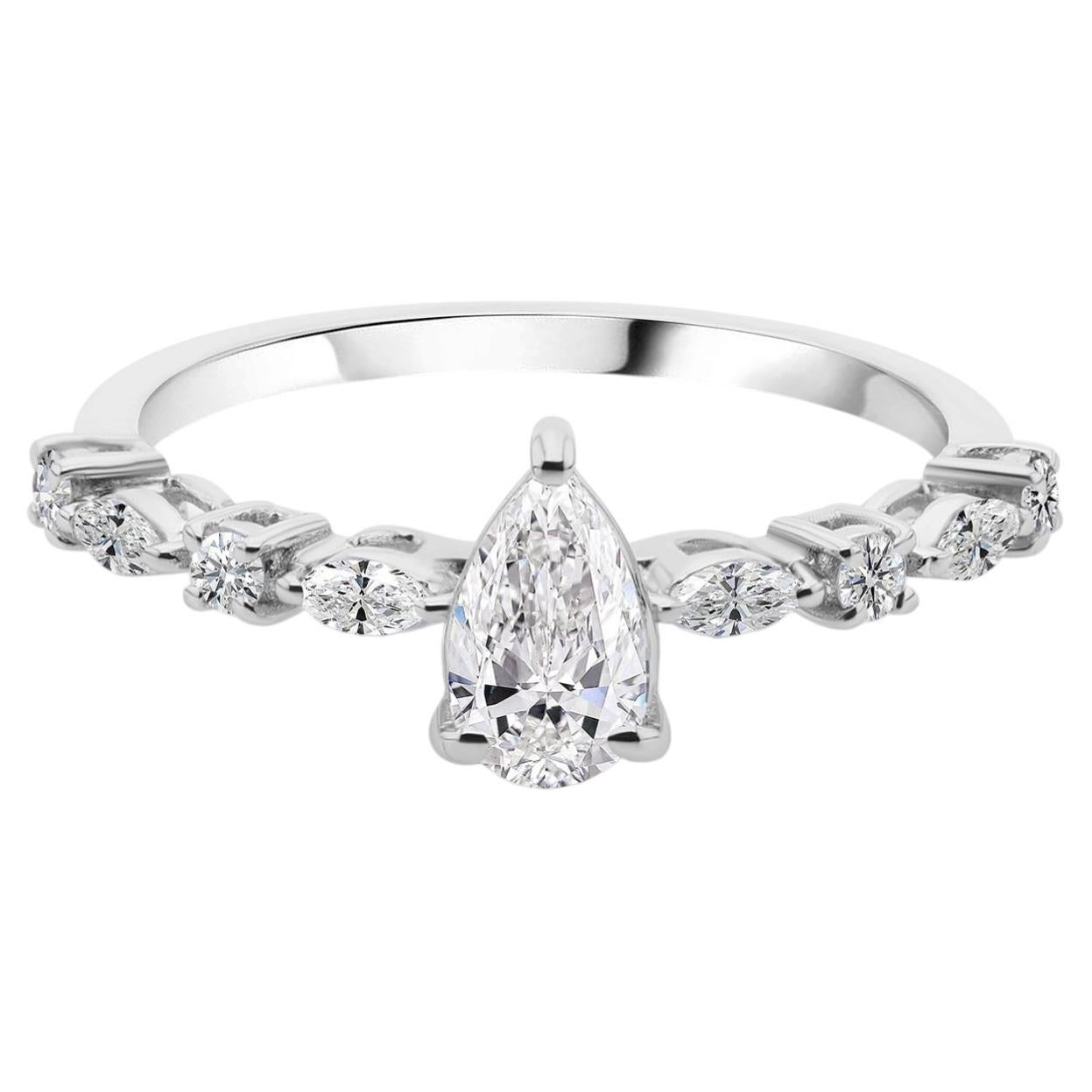 Pear Solitaire Diamond Engagement Ring 0.80 ct 18k White Gold Bridal Gift