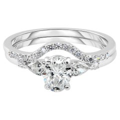 0.90 ct Oval Diamond Three-Stone Bridal Ring Set with Pave Band 18K White Gold
