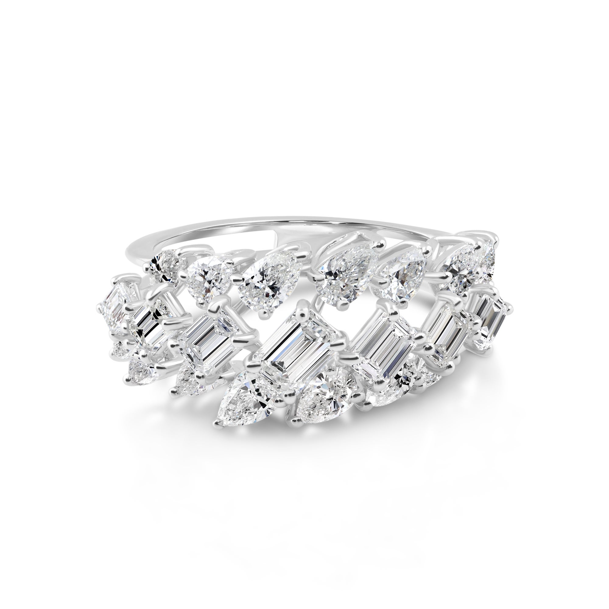 For Sale:  2.32 Ct Baguette & Pear Diamond Three-Row Ring 18K White Gold Statement Ring