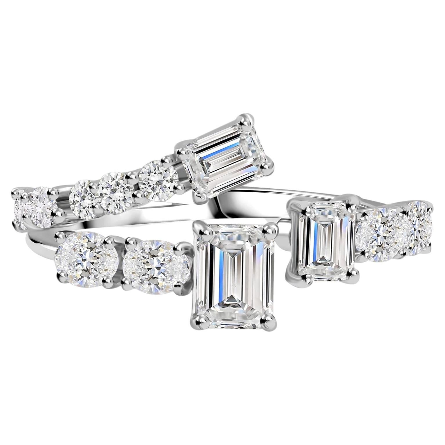 1.62 Carat Natural Emerald-Cut Crossover Cocktail Ring in 18K White Gold