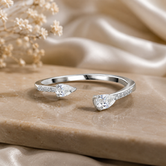 0.28 Carat Natural Double Pear Diamond Open Cuff Ring in 18K White Gold