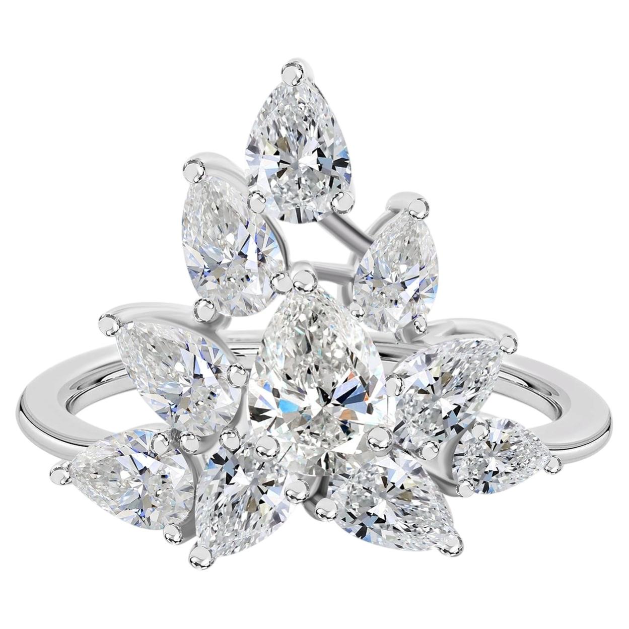 2.07 Carat Natural Pear Shaped Diamond Blossom Cluster Ring in 18K White Gold
