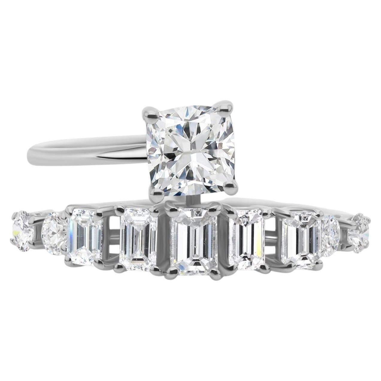 1.93 Carat Natural Cushion and Emerald Cut Diamond Bridal Ring in 18K White Gold