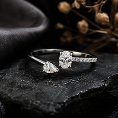 0.28 Carat Natural Oval Pear Two-Stone Diamond Open Ring in 18K White Gold
