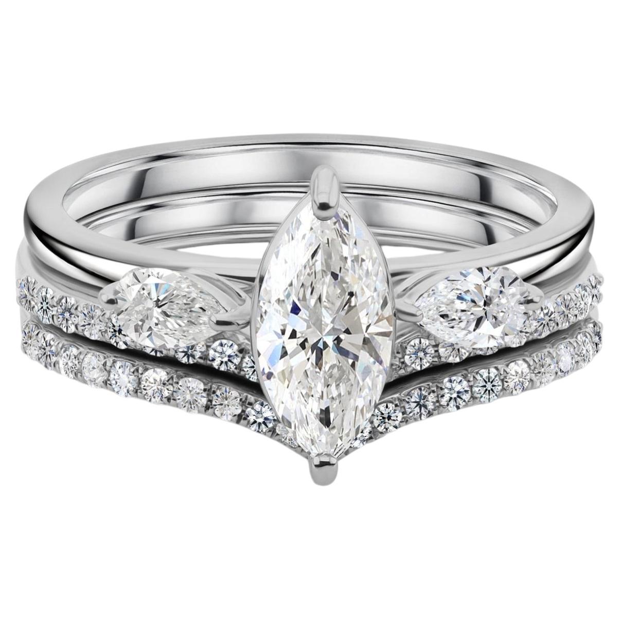 1.31 Carat Natural Marquise Pear Diamond Bridal Ring Set in 18K White Gold