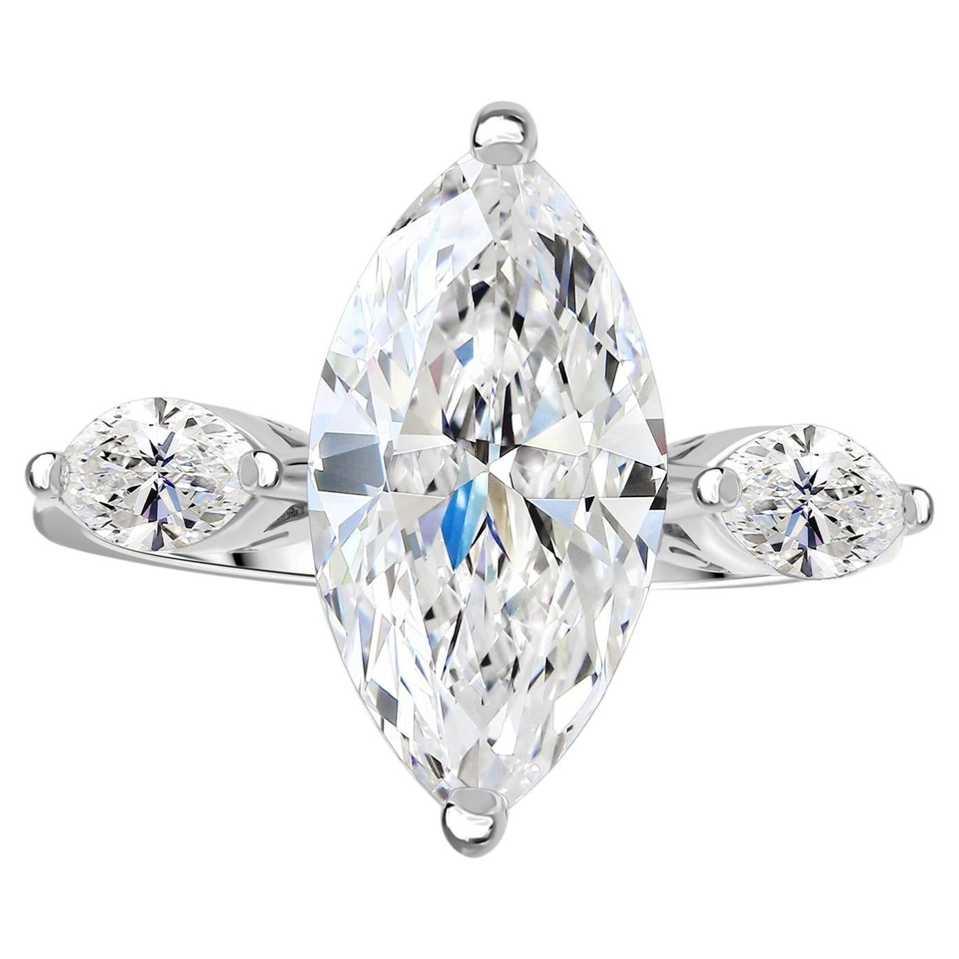 4.34 Carat Natural Marquise and Pear Diamond Trilogy Ring in 18K White Gold