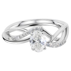 0.82 Carat Natural Oval Solitaire Diamond Crossover Ring Set in 18K White Gold
