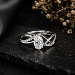 0.82 Carat Natural Oval Solitaire Diamond Crossover Ring Set in 18K White Gold