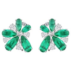 13.43 Ct Zambian Emerald 2.31 Ct Diamond Floral Cluster Earrings 18K White Gold