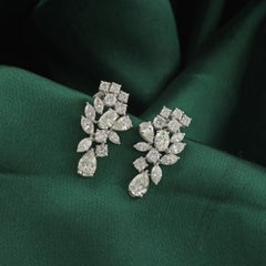4.22 Ct Natural Round Pear Diamond Graduated Cluster Earrings 18K White Gold