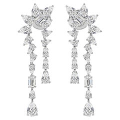3.67 Carat Natural Pear Marquise Baguette Diamond Drop Earrings 18K White Gold