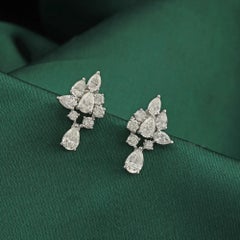 2.09 Carat Natural Pear & Round Diamond Cluster Drop Earrings 18K White Gold
