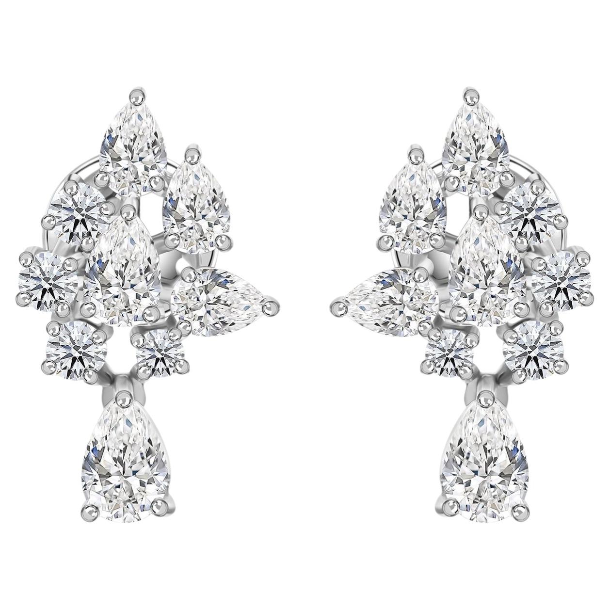 2.09 Carat Natural Pear & Round Diamond Cluster Drop Earrings 18K White Gold