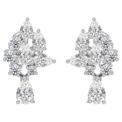 2.09 Carat Natural Pear & Round Diamond Cluster Drop Earrings 18K White Gold
