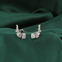 1.89 Carat Natural Emerald Pear Cut Diamond Ear Climber Earrings 18K White Gold