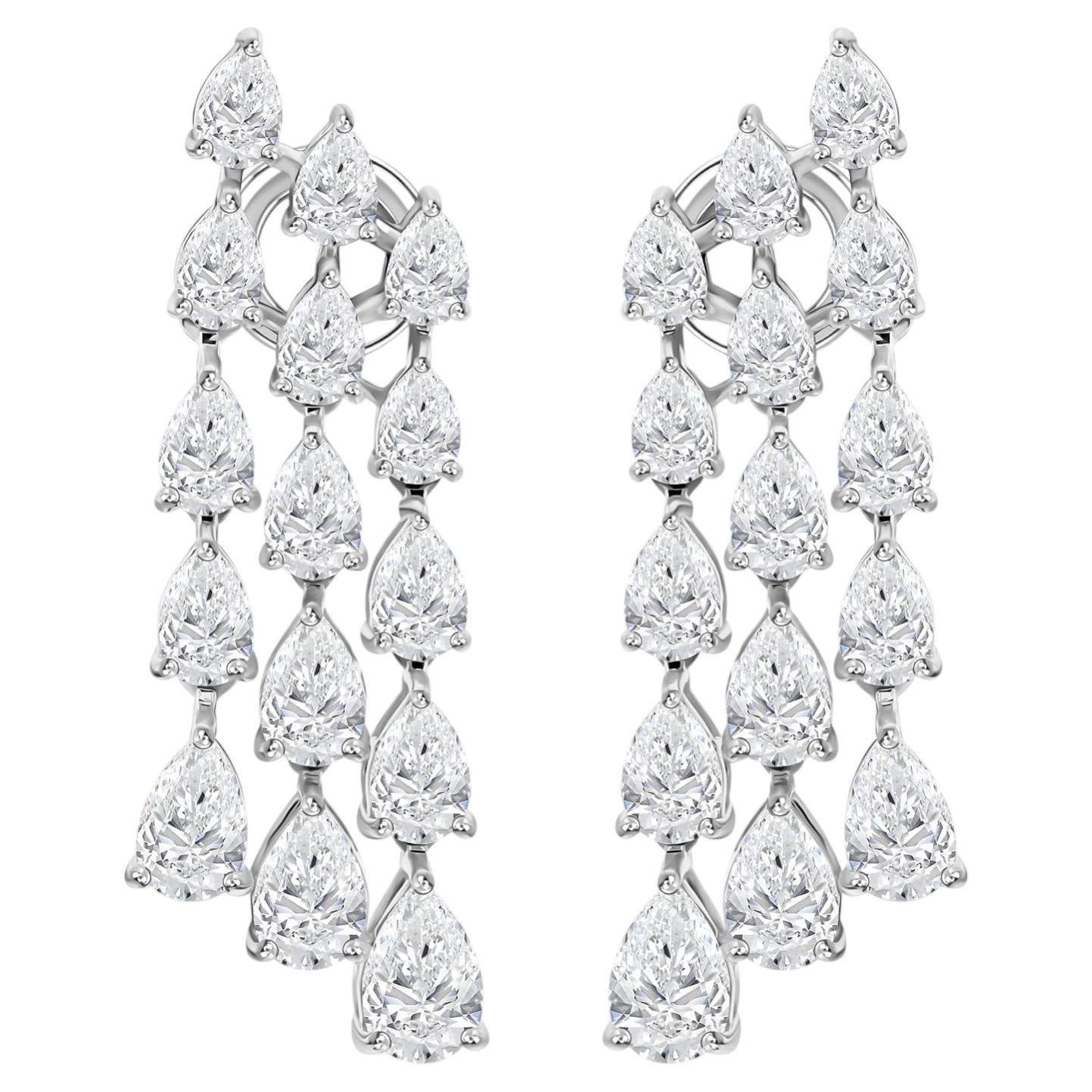 5.05 Carat Natural Pear Diamond Three-Row Drop Earrings 18K White Gold Jewelry