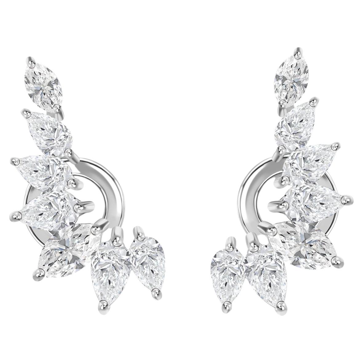 1.76 Carat Natural Marquise Cut Diamond Wing Climber Earrings 18K White Gold