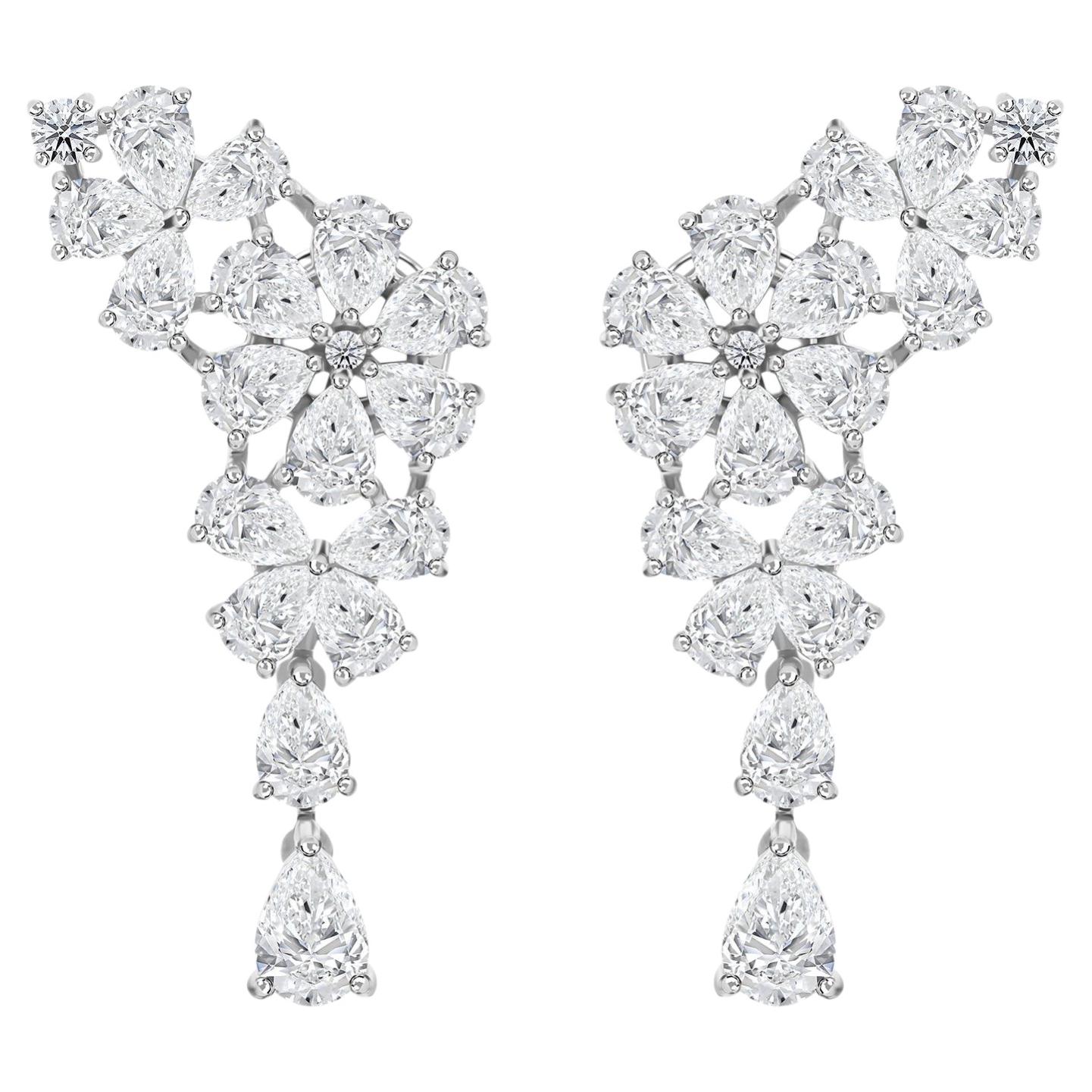 5.37 Ct Natural Pear Diamond Double Floral Cluster Drop Earrings 18K White Gold For Sale