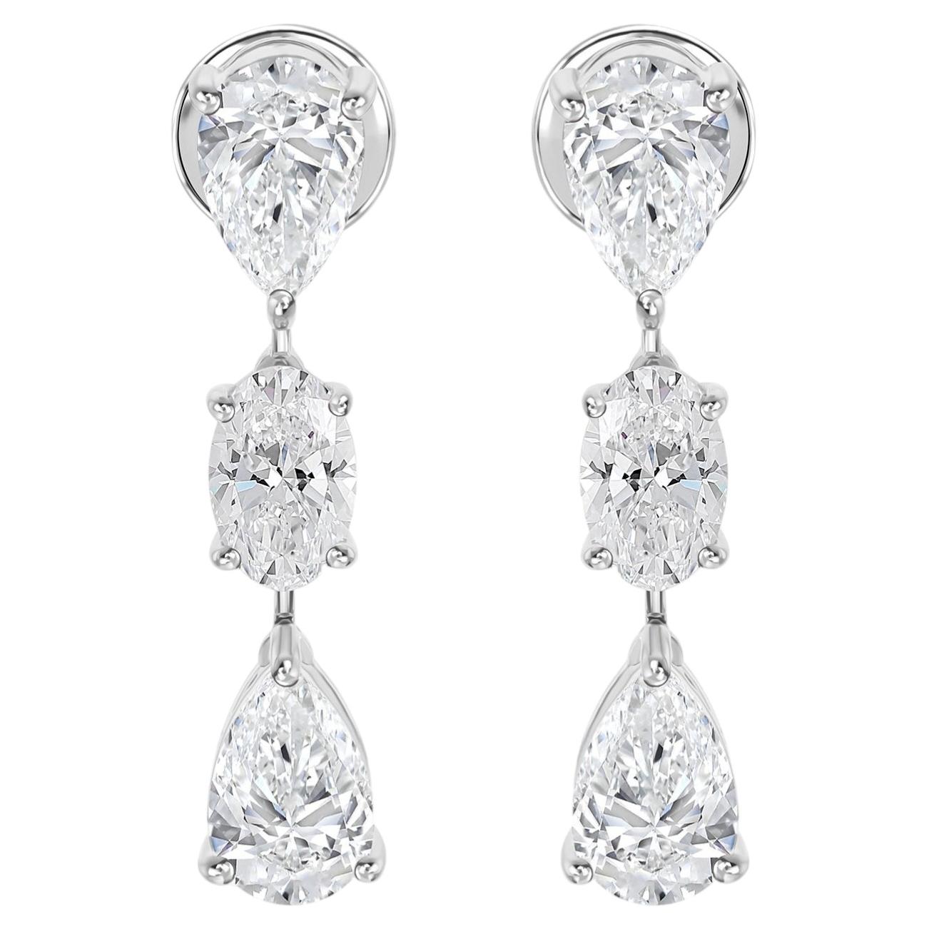 5.47 Ct Natural Pear and Oval Diamond Three-Stone Drop Earrings 18K White Gold